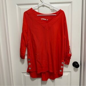Soft Surroundings Red Top V-Neck Roll Tab Sleeve Size Large